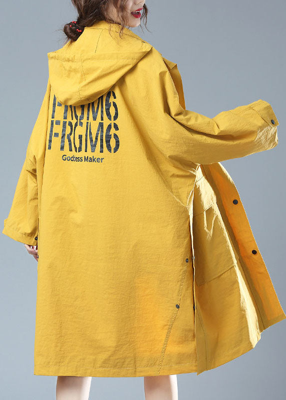 Yellow Hooded Print Pockets Patchwork Cotton Trench Coat Fall