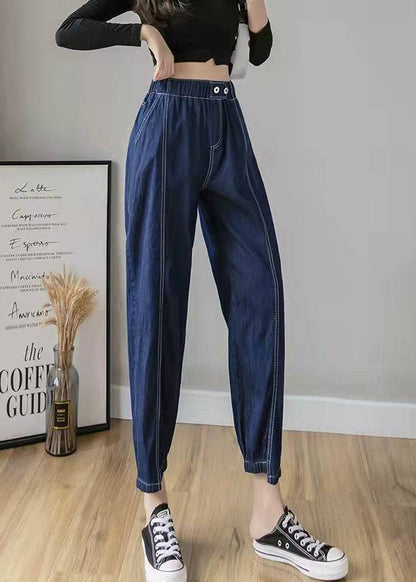 Italian Spring Pants Stylish Denim Blue Photography Elastic Waist Patchwork Pants