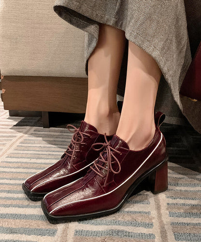Splicing Lace Up Chunky Heel Mulberry Cowhide Leather