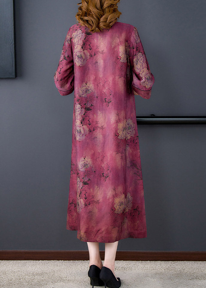 Purple Stand Collar Print Button Side Open Silk Long Dresses Summer