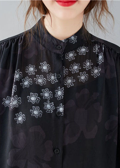 Black Stand Collar Oversized Print Chiffon Shirt Dresses Summer