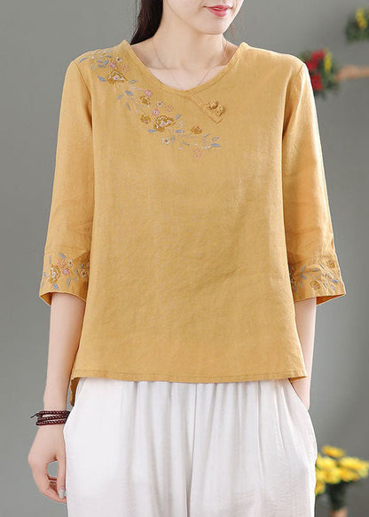 Style Yellow O-neck Embroideried Linen Top Three Quarter Sleeve