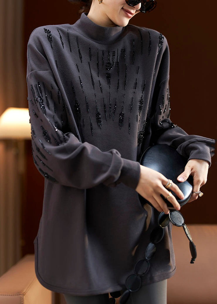 Dark Gray Turtleneck Nail Bead Cotton Sweatshirt Long Sleeve
