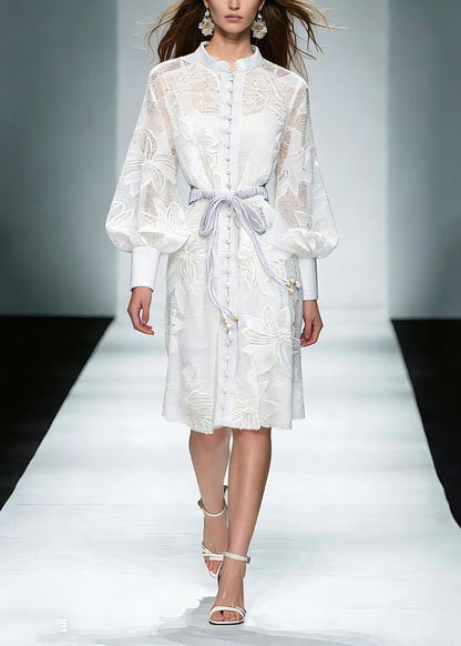 White Stand Collar Tie Waist Maxi Shirts Dresses Lantern Sleeve