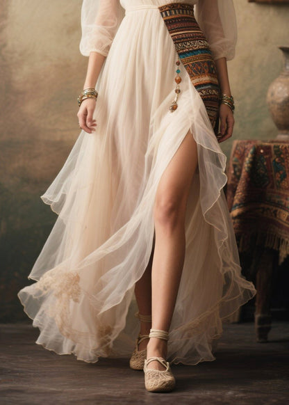 White Tasseled Patchwork Tulle Dresses Summer