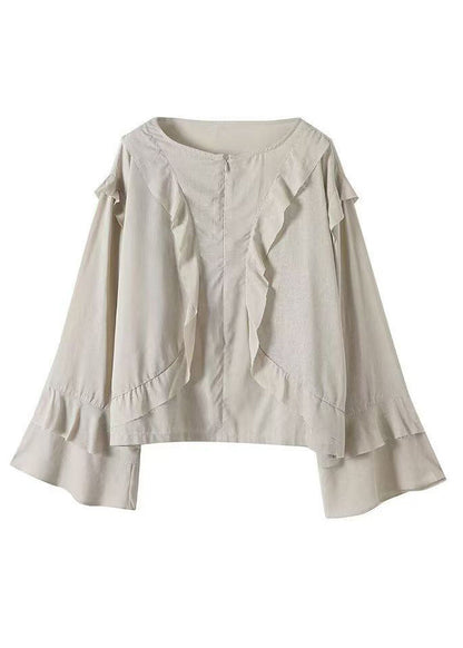 Boutique O-neck Ruffled Patchwork Cotton Blouse Tops Fall