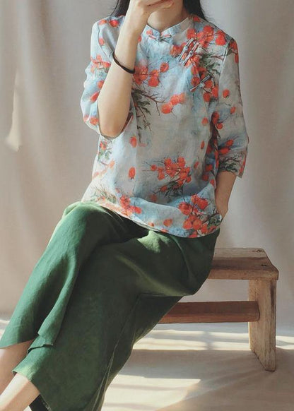 Stand Collar Chinese Button Tops Print Shirts