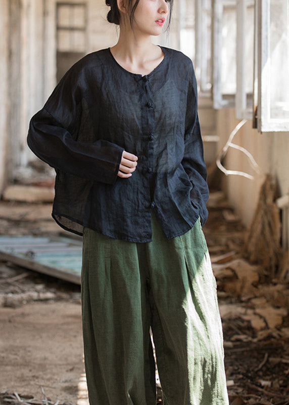 Black Oversized Button Down Linen Shirt Tops Fall