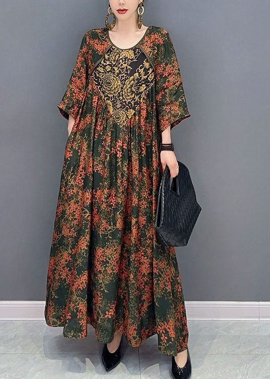 Green O Neck Print Patchwork Cotton Maxi Dresses Spring