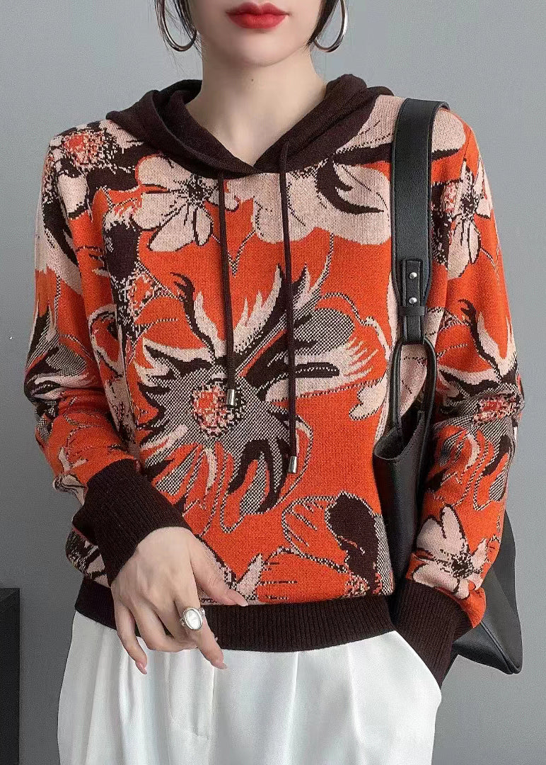 Orange Hooded Patchwork Cozy Knit Sweaters Long Sleeve