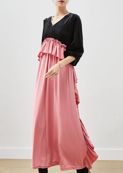 Colorblock Ruffled Patchwork Silk Velour Long Dress Fall