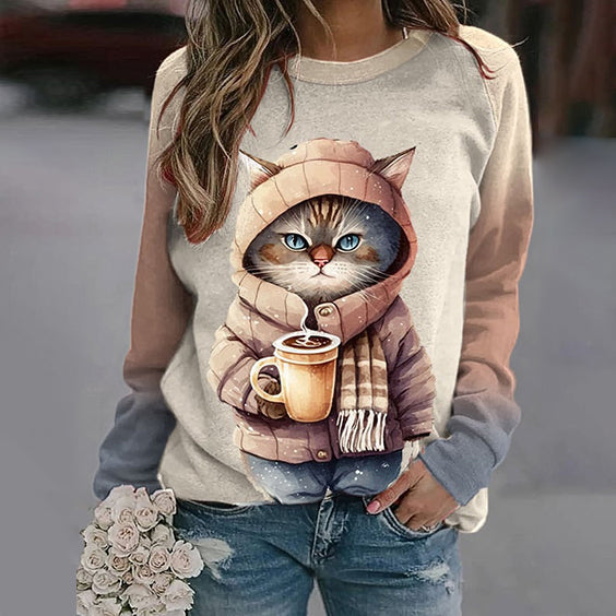Gradient Cat Print Crew Neck Casual Sweatshirt elevenforest
