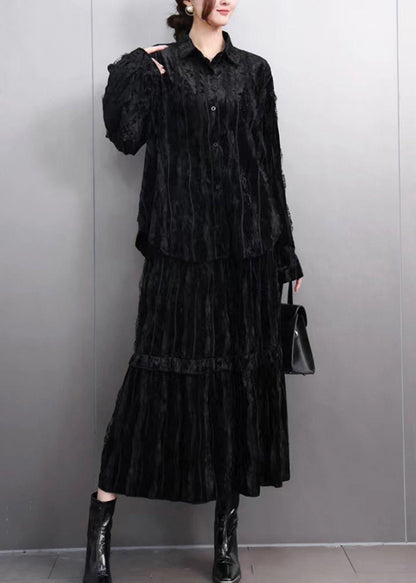 Fine Black Ruffled Wrinkled Shirt and Maxi Skirts Two Pieces Set Spring