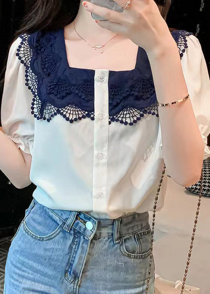 White Square Collar Lace Patchwork Button Shirt Short Sleeve
