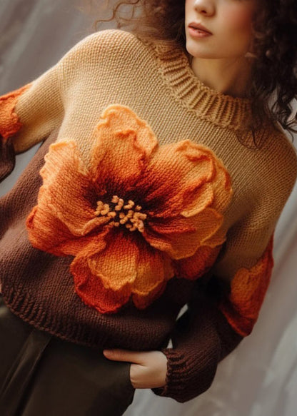Brown O Neck Cotton Knit Sweaters Long Sleeve