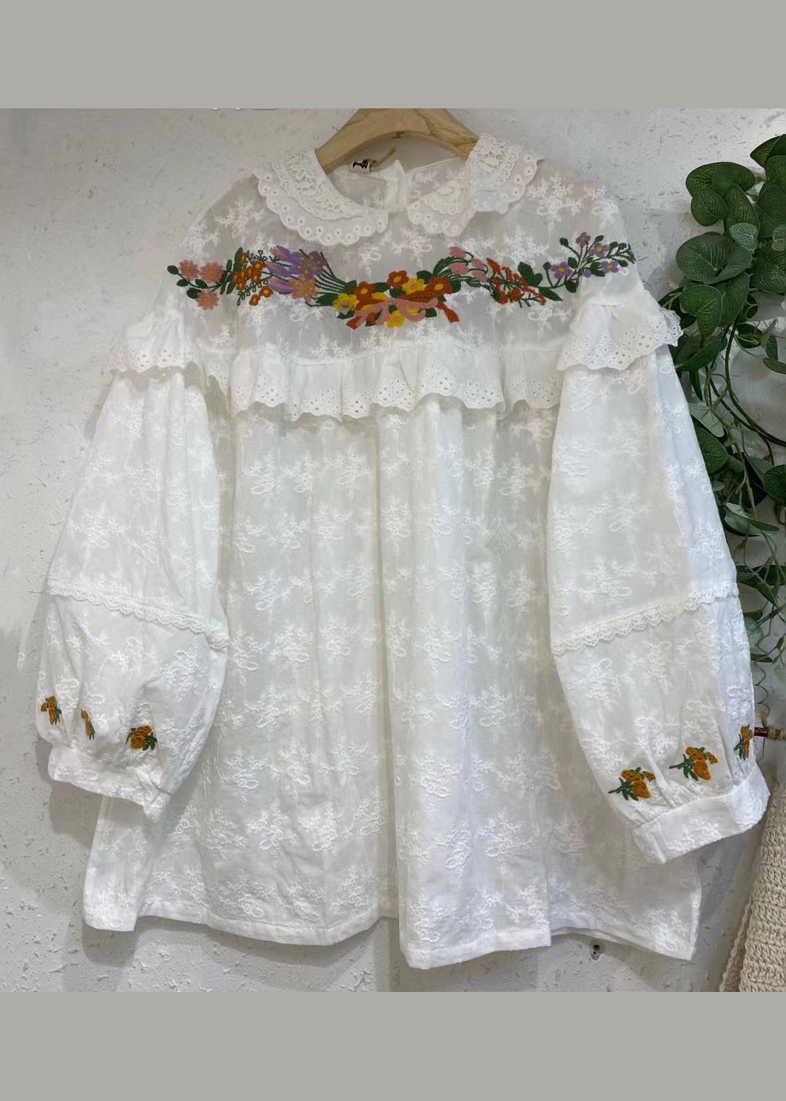 Beige Embroideried Ruffled Patchwork Cotton Shirt Long Sleeve
