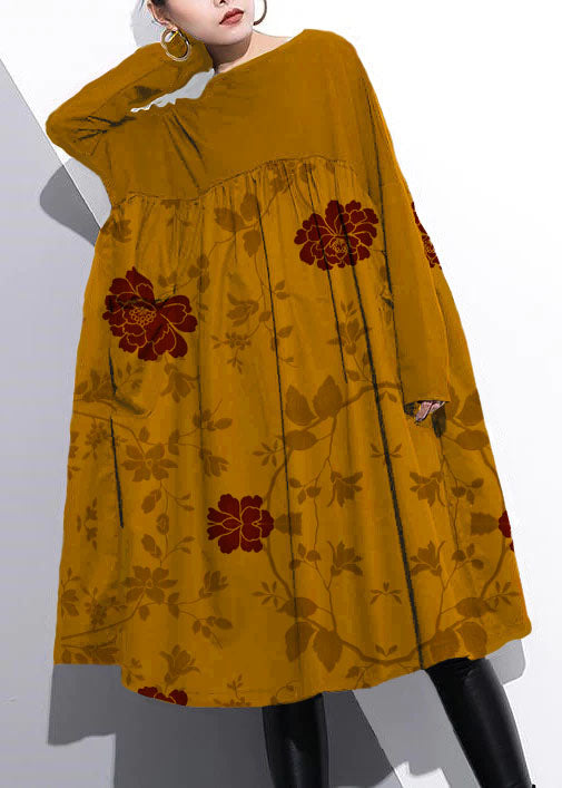 Cinched O Neck Cotton Clothes for Tutorials Yellow Chrysanthemum Dresses