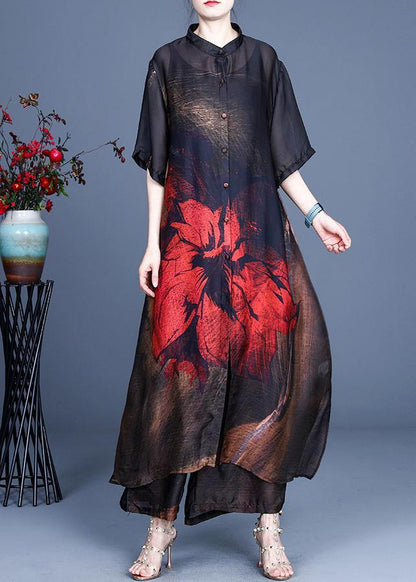 Summer Large Red Print Coat + Wide Leg Pants Two Piece Set