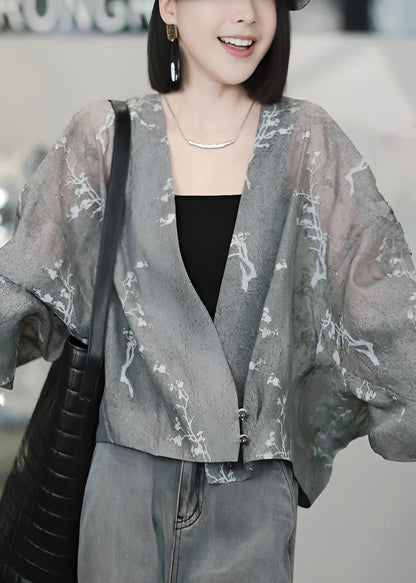 Vogue Grey V Neck Print Button Tulle Coats Batwing Sleeve