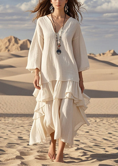 White Asymmetrical Exra Large Hem Cotton Dresses Bracelet Sleeve