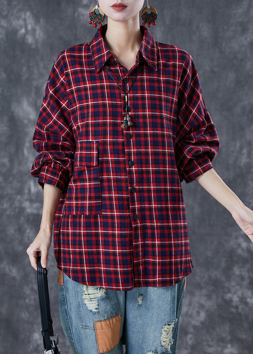Red Oversized Plaid Cotton Shirt Tops Fall