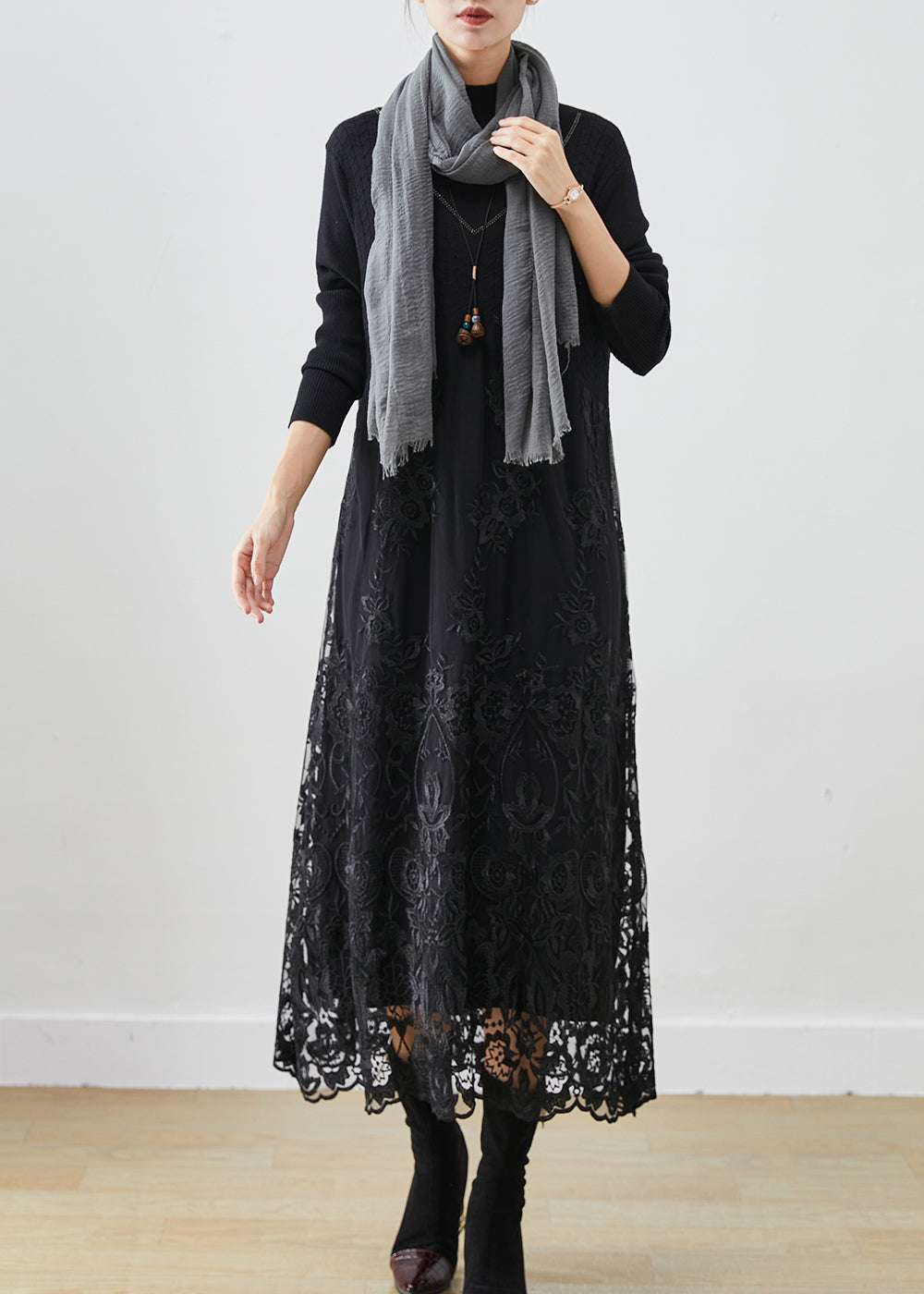 Handmade Black Embroideried Patchwork Knit Dress Fall