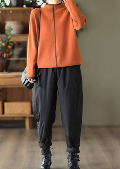 Black Pockets Elastic Waist Fine Cotton Filled Pants Winter