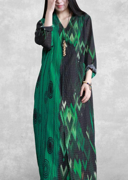 French Green Print Long Summer Dresses