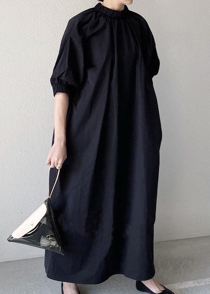 Handmade Black Stand Collar Patchwork Cotton Long Dress Half Sleeve Summer