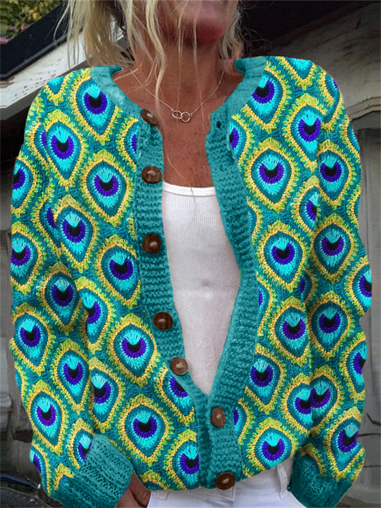Turquoise Peacock Feathers Crochet Cozy Cardigan elevenforest