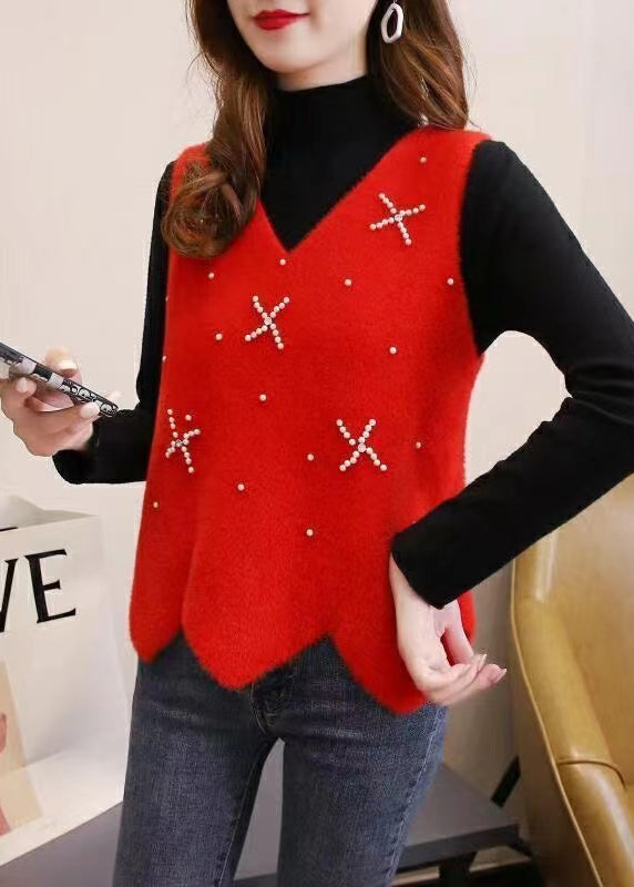 Apricot V Neck Nail Bead Patchwork Mink Hair Knitted Vest Sleeveless