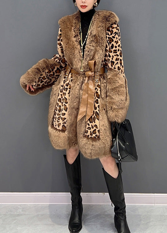 Leopard Fur Collar Print Patchwork Button Tie Waist Mink Velvet Leather and Fur Thick Coats Winter