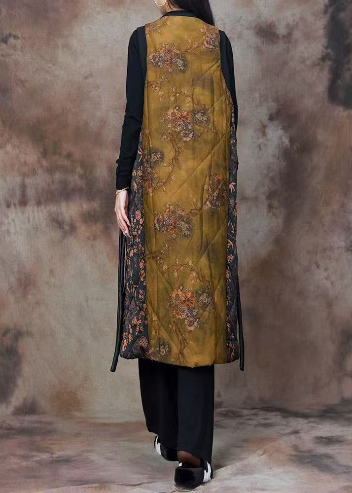 New Yellow V Neck Print Pockets Patchwork Waistcoat Sleeveless