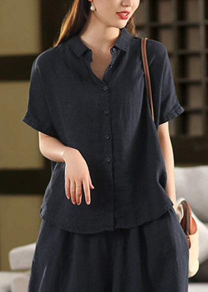 Black Button Linen Summer Blouses Peter Pan Collar