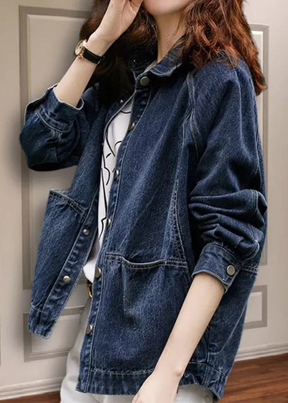 Navy Peter Pan Collar Pockets Patchwork Denim Jackets Spring