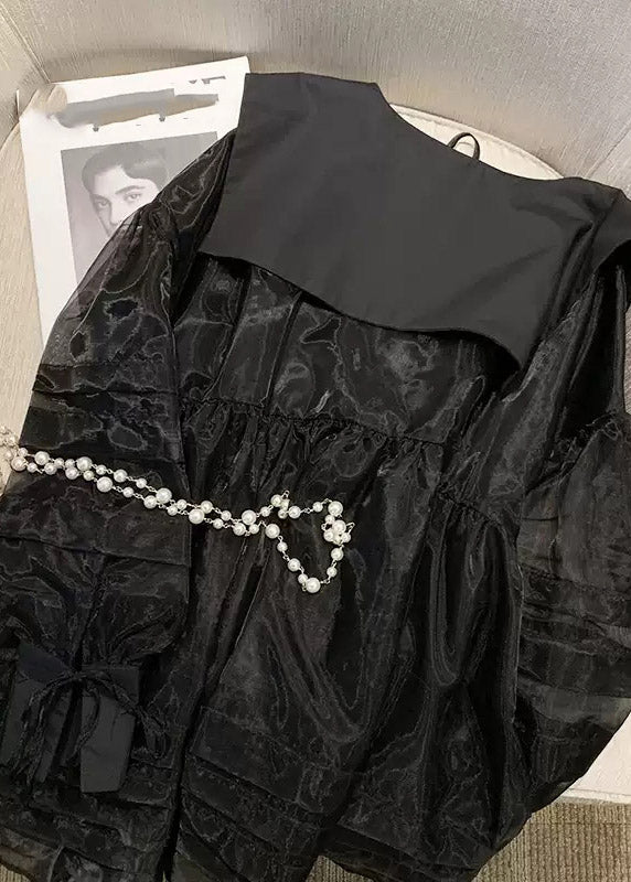 French Black V Neck Patchwork Tulle Mid Dresses Long Sleeve Fall