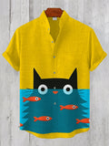 Men's Funny Cat Art Print Linen Blend Shirt elevenforest