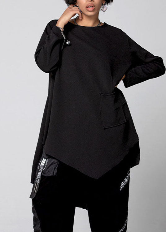 Black Asymmetrical Pockets Cotton Shirt Spring