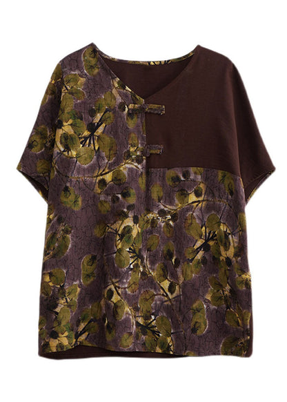 Chocolate V Neck Patchwork Print Oriental Button Cotton Tops Short Sleeve