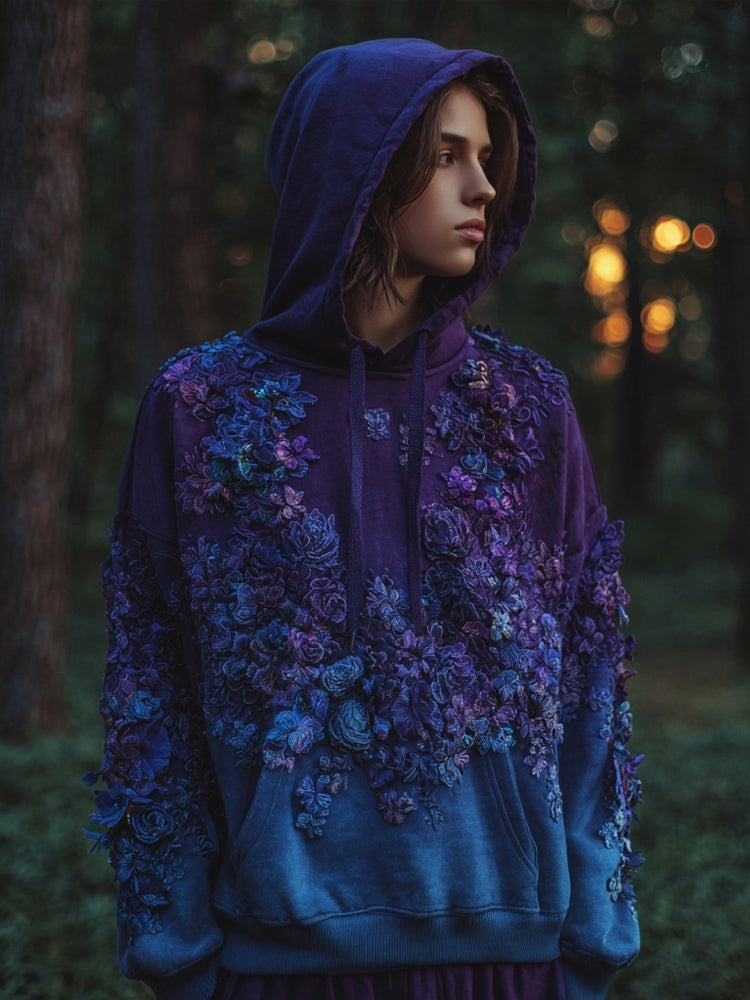 Comstylish Vintage Flowers Embroidered Purple Gradient Comfy Hoodie