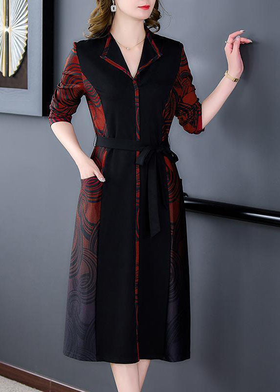 Red V Neck Patchwork Print Silk Cinch Dress Fall