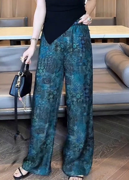 Blue Print Elastic Waist Cotton Pants Fall