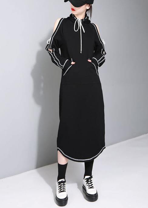 Black Cold Shoulder Hooded Long Summer Cotton Dress