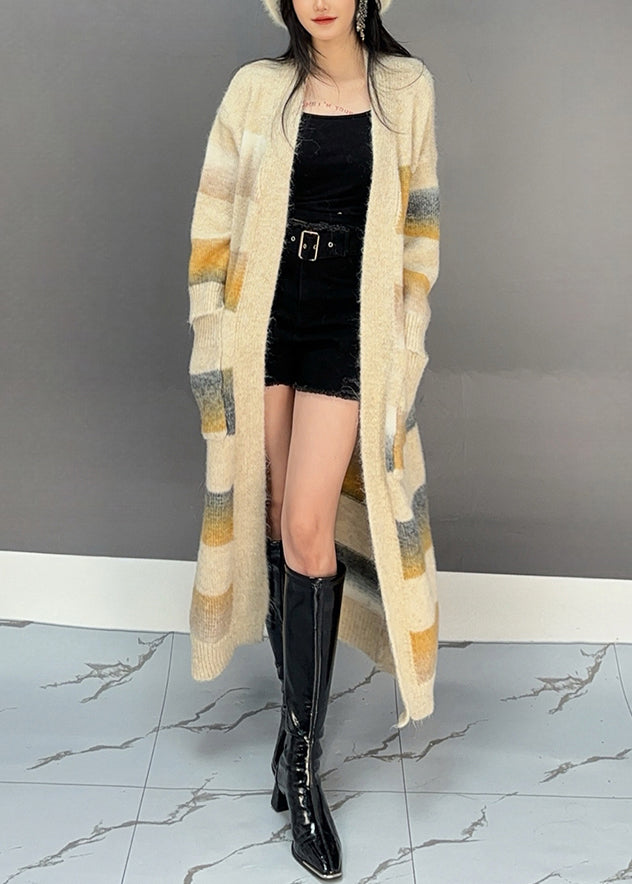Yellow Striped Pockets Knit Long Cardigan Winter