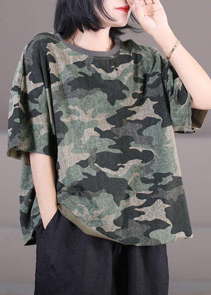 Classy Army Green O-neck Oversized Camouflage Print Cotton Tank Tops Short Sleeve
