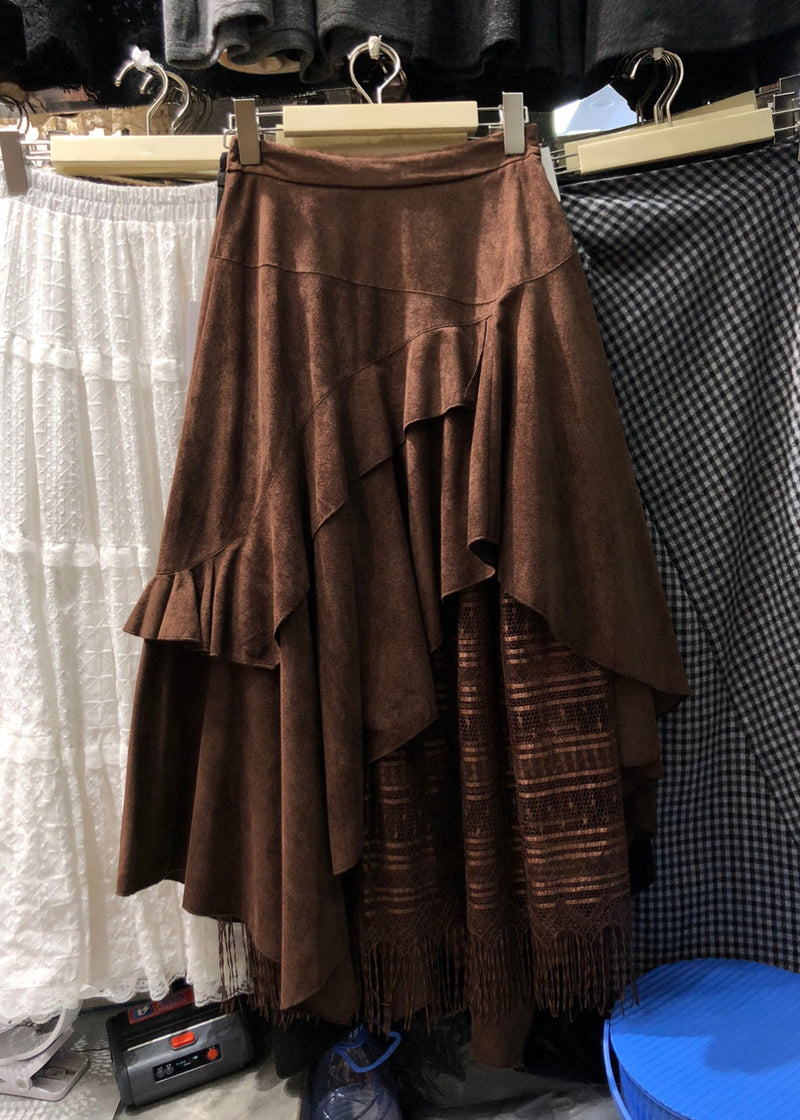Brown Asymmetrical Patchwork Faux Suede Skirt Winter
