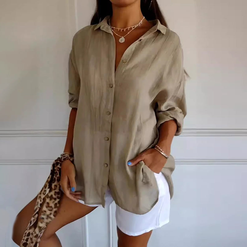 Comstylish Casual Single Breasted Pleated Lapel Solid Color Cotton Linen Shirt