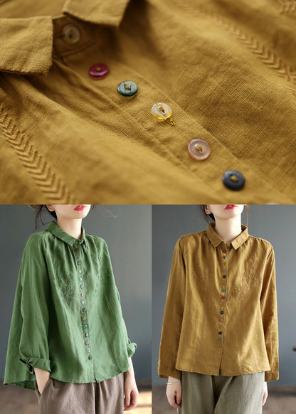 Yellow Peter Pan Collar Embroideried Linen Blouse Tops Fall