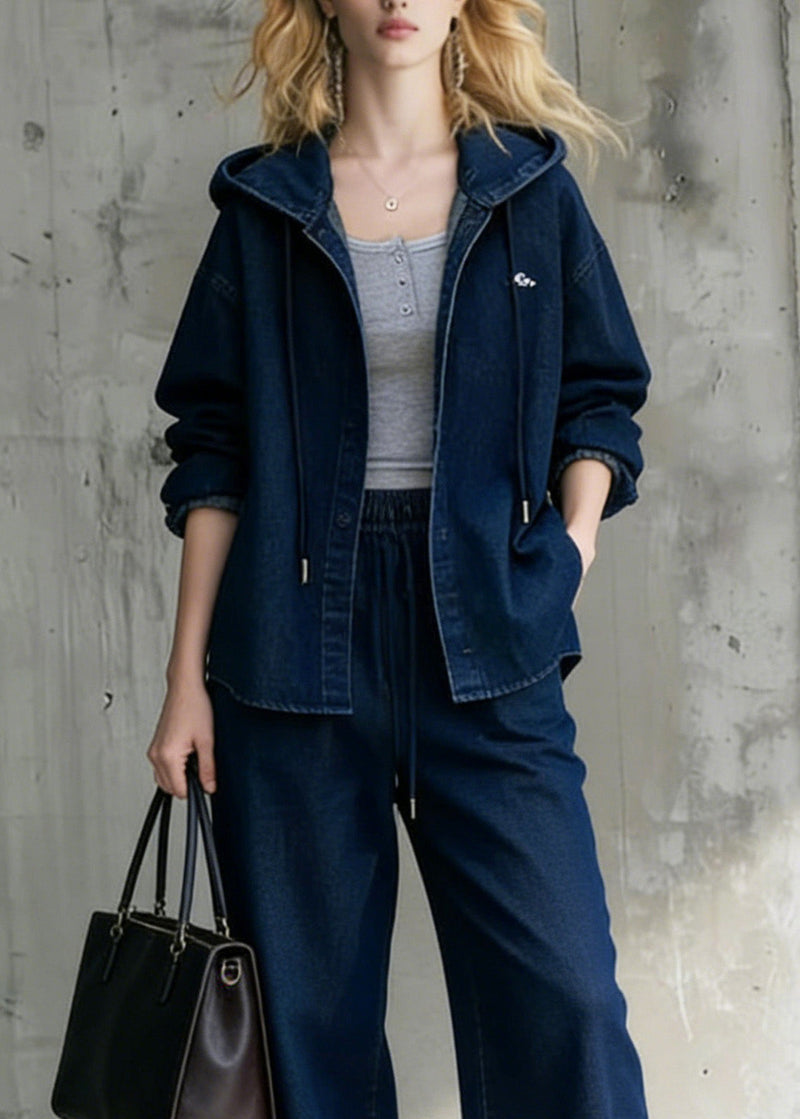 Blue Hooded Coat and Wide Leg Pants Denim Two Pieces Set Spring