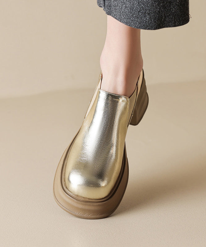 Gold Platform Cowhide Leather Splicing Loafers for